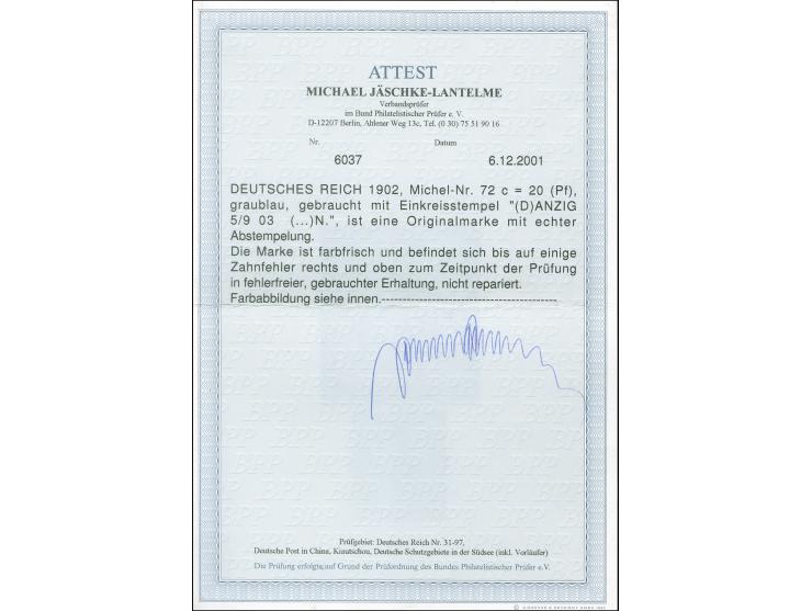 1902, Germania 20 Pfg. graublau, farbfrisch mit Teilstempel “DANZIG 5.9.03”, kleine Zahnfehler, ansonsten in einwandfreier Er