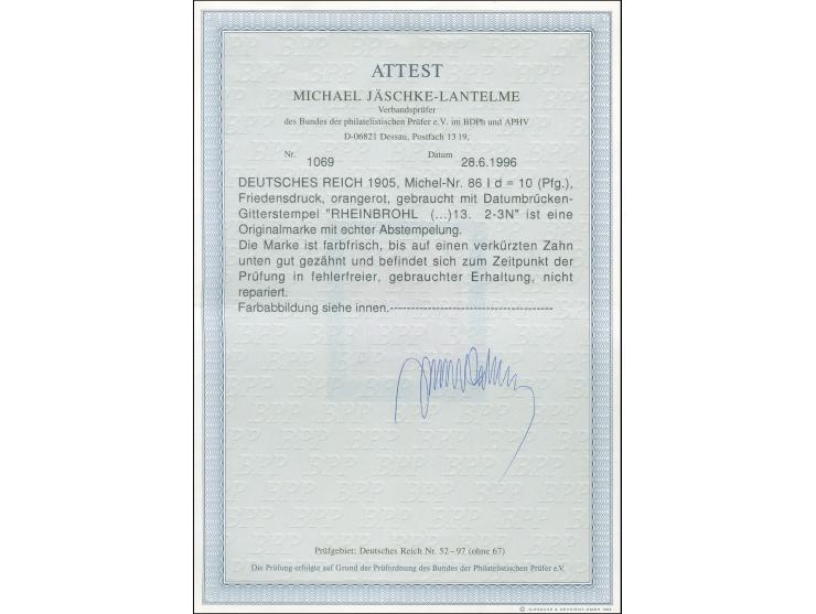 1905, 10 Pfg. dunkelrosarot, sauber gestempelt, unten mit verkürztem Zahn, ansonsten in einwandfreier Erhaltung, Fotoattest J