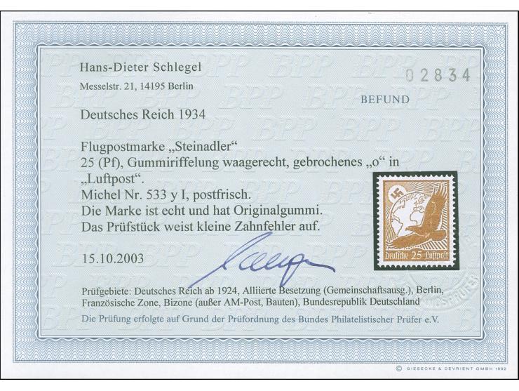 1934, Flugpost 25 Pfg., waagerechte Gummiriffelung, mit Plattenfehler “o in Luftpost oben gebrochen”, postfrisch, kleine Zahn