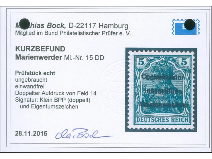 1920, Germania 5 Pfg. dunkelopalgrün, doppelter Aufdruck, sauber ungebraucht, tadellos, sign. u. a. Klein BPP, Kurzbefund Boc