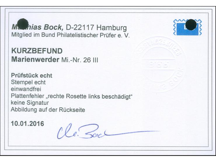 1920, Germania 1 M. dunkelrosa, Plattenfehler “rechte Rosette links beschädigt” (Feld 12), sauber gestempelt “CHRISTBURG 16.8