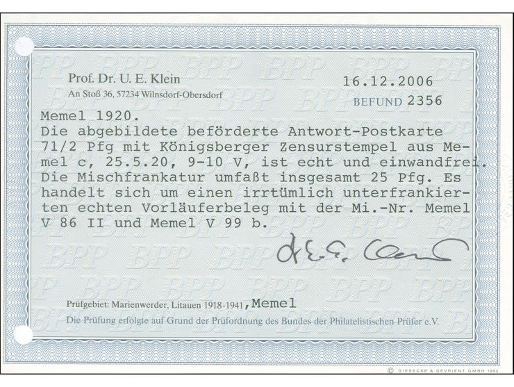 1920, Germania 7 ½ Pfg. Ganzsachenkarte mit Zufrankatur 7 ½ Pfg. und 10 Pfg. Germania, mit Stempel “MEMEL c 25.5.20” auf irrt