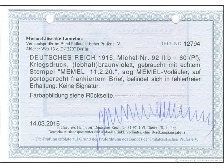 1920, Germania Kriegsdruck 60 Pfg. lebhaftbraunviolett, mit Stempel “MEMEL 11.2.20” auf R-Brief nach Borna als portogerechte 