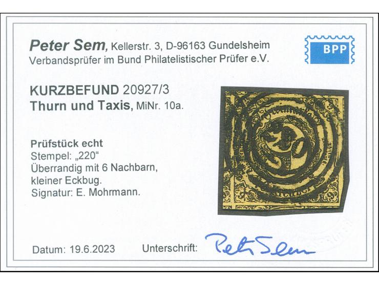 9 Kr. a. gelb, allseits breit- bis überrandig mit Teilen von 6 Nachbarmarken, sauber entwertet durch zentrische Nr. "220" FRA