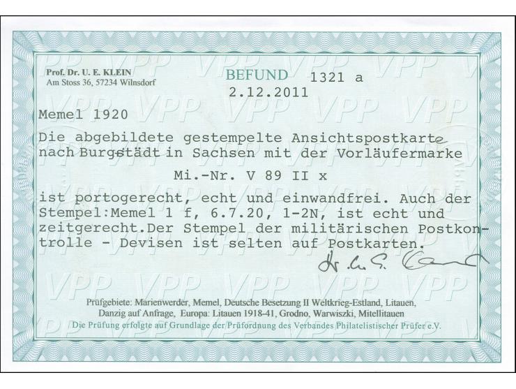 1920, Germania Kriegsdruck 30 Pfg. dunkelrotorange/schwarz auf mittelchromgelb, mit Stempel “MEMEL * 1 f 6.7.20” auf Ansichts