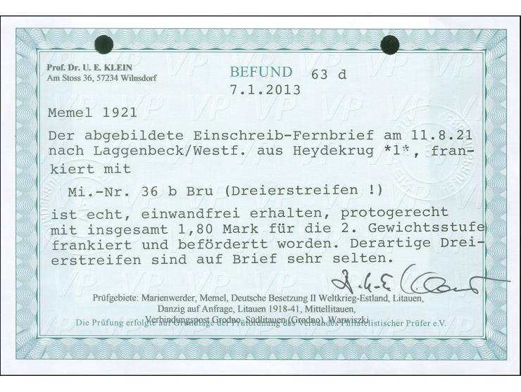 1921, Freimarken 60 pf. auf 50 C. dunkelgraurot/türkisgrau, waagerechter Dreierstreifen aus der linken unteren Bogenecke mit 