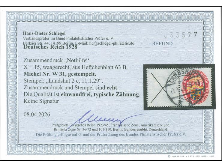 1928, Nothilfe X + 15 Pfg. waagerecht, typische Heftchenblattzähnung, sauber gestempelt “LANDSHUT 11.1.29”, tadellos, Foto-Be