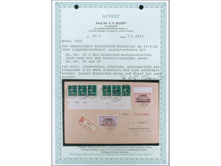 1922, Freimarken 10 Pfg. auf 10 c. dunkelopalgrün, im Unterrandsechserstreifen mit Zwischensteg und komplettem Druckdatum “D 