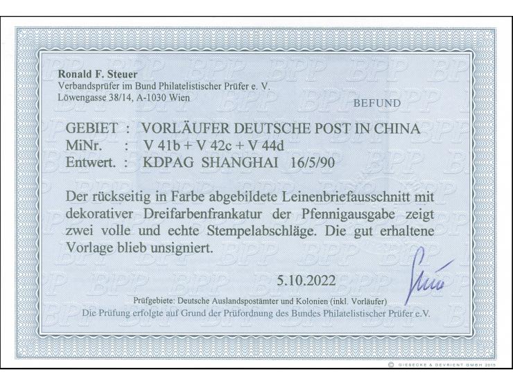 1886/89, Pfennig 10 Pfg. lebhaftrotkarmin, 20 Pfg. dunkelultramarin und 50 Pfg. dunkelgraugrün, mit Stempel “KDPAG SHANGHAI 1