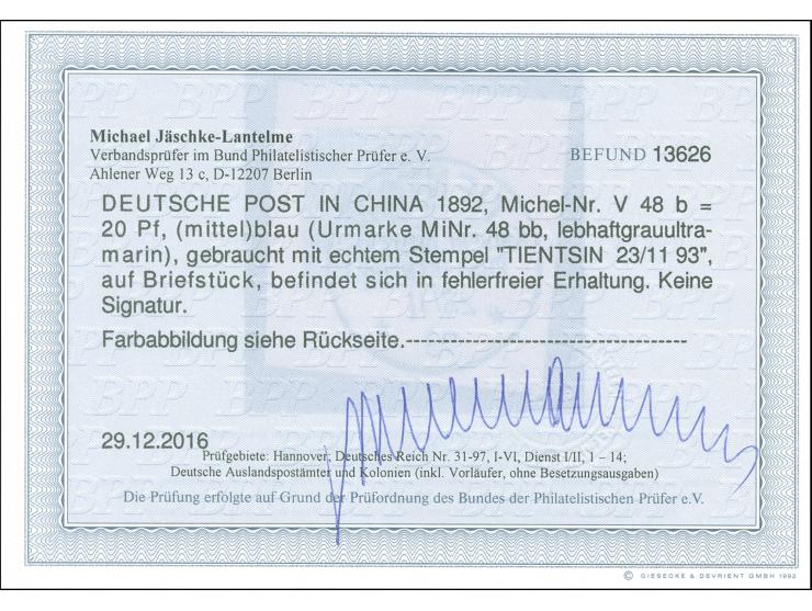 1890/1901, Krone/Adler 20 Pfg. lebhafgrauultramarin, sauber gestempelt “TIENTSIN 23/11 93” auf Briefstück, tadellos, seltene 