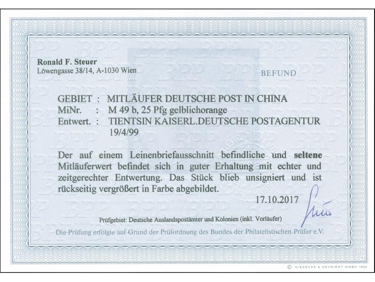 1898, Krone/Adler 25 Pfg. gelblichorange, gestempelt “TIENTSIN KDPAG 19/4 99” auf Briefstück, tadellos, Fotobefund Steuer BPP