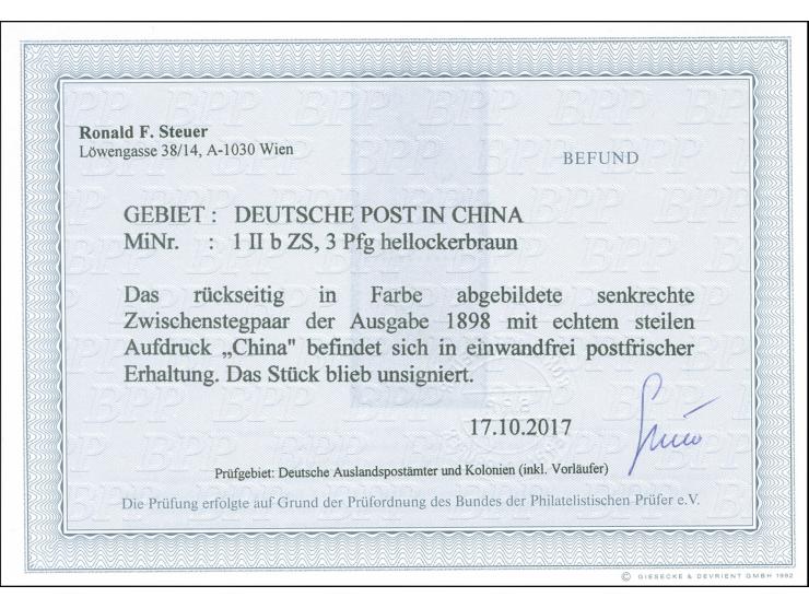 1898, Steilaufdruck 3 Pfg. hellockerbraun, senkrechtes Zwischenstegpaar, postfrisch, tadellos, unsigniert, Fotobefund Steuer 
