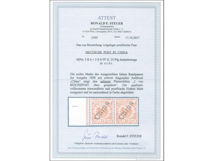 1898, Steilaufdruck 25 Pfg. dunkelorange, waagerechtes, linkes Seitenrandpaar mit Plattenfehler “I in Reichspost oben gespalt