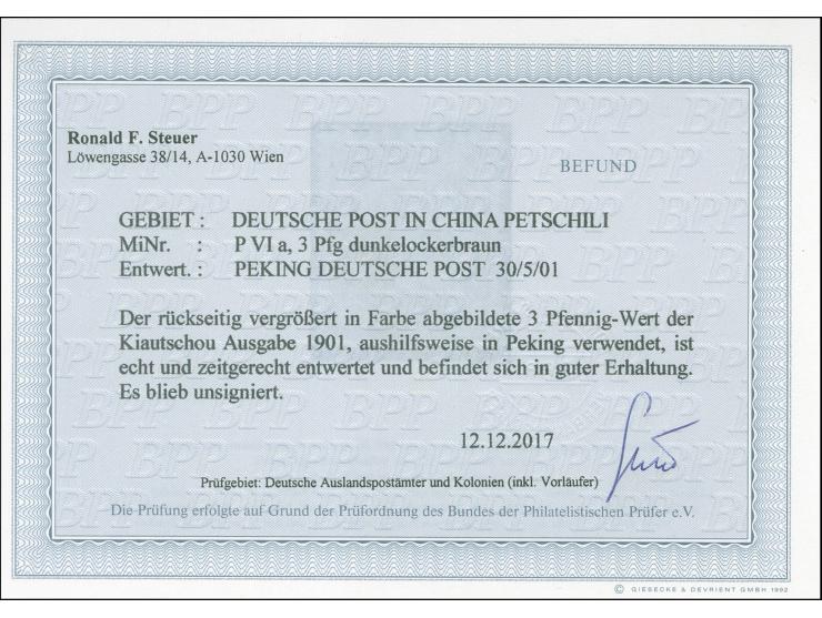 1901/02, Petschili Kiautschou 3 Pfg. dunkelockerbraun, sauber gestempelt “PEKING 30/5 01”, tadellos, Fotobefund Steuer BPP (2