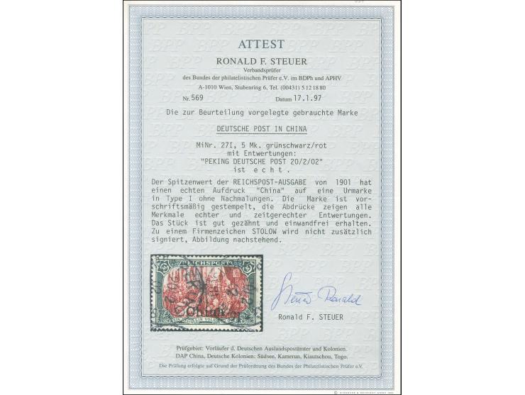 1901, Germania Reichspost Type I 5 M. grünschwarz/bräunlichkarmin, sauber gestempelt “PEKING DEUTSCHE POST 20/2/02”, Mittelst