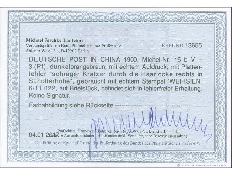 1901, Germania Reichspost 3 Pfg. dunkelorangebraun, mit Plattenfehler “schräger Kratzer durch die Haarlocke rechts in Schulte
