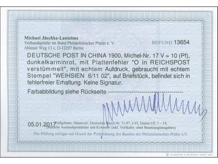 1901, Germania Reichspost 10 Pfg. rötlichkarmin, Plattenfehler “O in Reichspost verstümmelt”, sauber gestempelt “WEIHSIEN 6/1