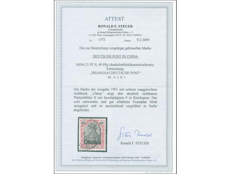 1901, Germania Reichspost 40 Pfg. karmin/schwarz, Plattenfehler “O von Reichspost unten offen”, sauber gestempelt “SCHNGHAI D