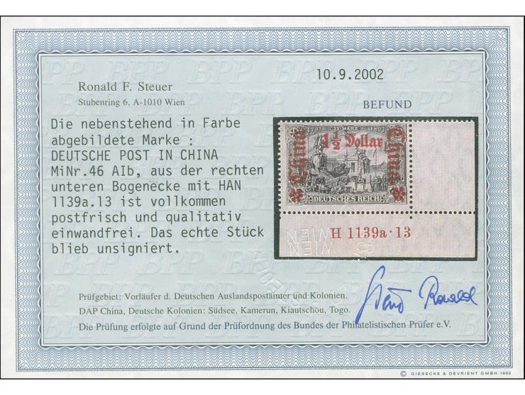 1906/19, Germania mit Wz. Friedensdruck 1 ½ D. auf 3 M. schwarzbraunviolett, rechte untere Bogenecke mit Aufdruck-HAN “H 1139