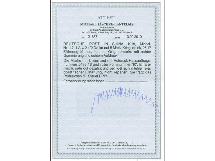 1906/19, Germania mit Wz. Kriegsdruck gez. 26:17 2 ½ D. auf 5 M. grünschwarz/dunkelkarmin, Unterrandstück mit Aufdruck-HAN “H