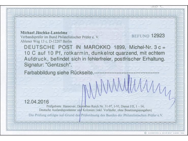 1899, Krone/Adler 10 C. auf 10 Pfg. rotkarmin (UV dunkelrot), postfrisch, tadellos, sign. Gentzsch, Fotobefund Jäschke-L. BPP