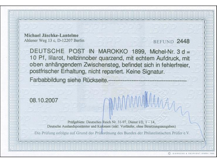 1899, Krone/Adler 10 C. auf 10 Pfg. lilarot (UV lebhaftocker), mit Zwischensteg oben, postfrisch, tadellos, unsigniert, Fotob