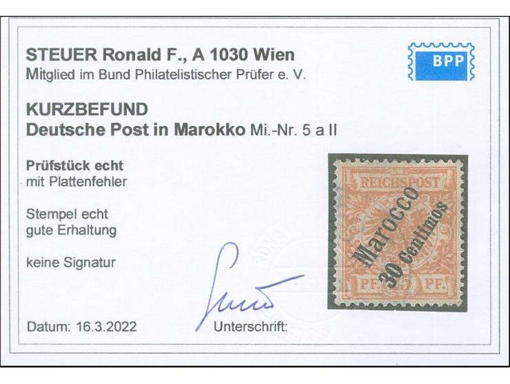 1899, Krone/Adler 30 c. auf 25 Pfg. gelblichorange, Plattenfehler “I in Reichspost oben gespaltet”, gestempelt, tadellos, Kur