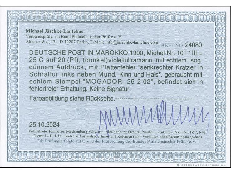 1900, Germania 35 C. auf 20 Pfg. dunkelviolettultramarin, mit Plattenfehler III “senkrechter Kratzer in Schraffuer links nebe