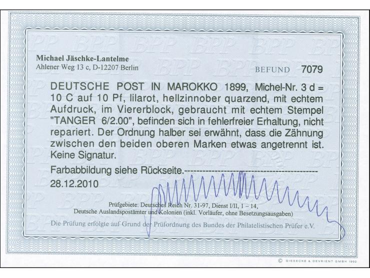 1899, Krone/Adler 10 C. auf 10 Pfg. lilarot, Viererblock, sauber gestempelt “TANGER 6/2 00”, Zähnung zwischen den beiden ober