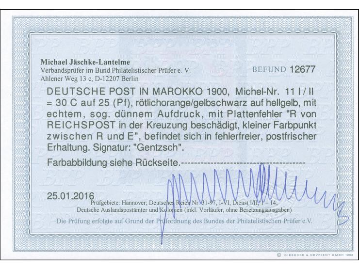 1900, Germania ohne Wz. 30 C. auf 25 Pfg. rötlichorange/gelbschwarz auf hellgelb, mit Plattenfehler “R von Reichspost in der 