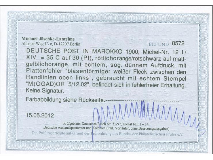 1900, Germania ohne Wz. 35 C. auf 30 Pfg. rötlichorange/schwarz auf mattgelblichorange, mit Plattenfehler “blasenförmiger wei