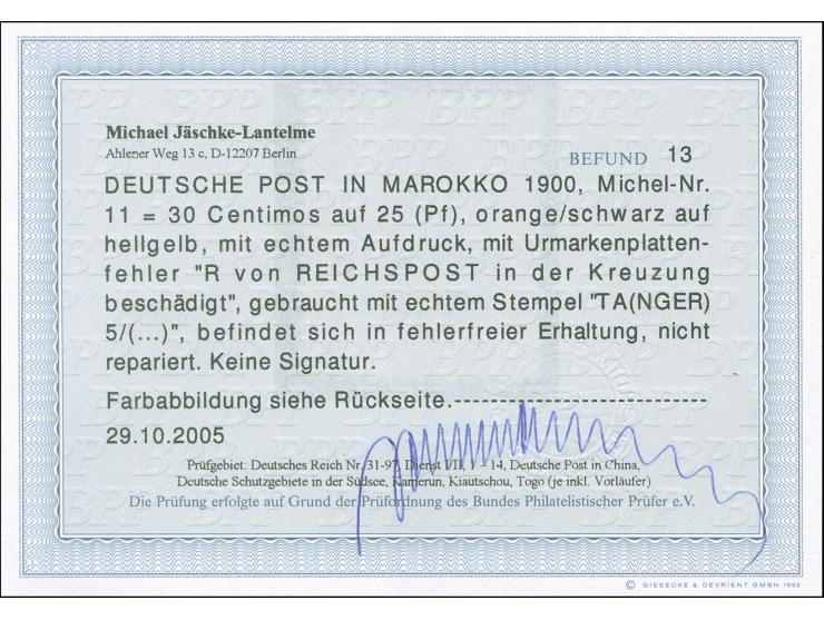 1900, Germania ohne Wz. 30 C. auf 25 Pfg. rötlichorange/gelbschwarz auf hellgelb, mit Plattenfehler “R von Reichspost in der 