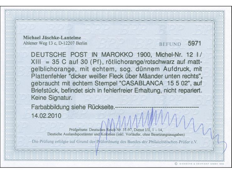 1900, Germania ohne Wz. 35 C. auf 30 Pfg. rötlichorange/rotschwarz auf mattgelblichorange, mit Plattenfehler “dicker weißer P