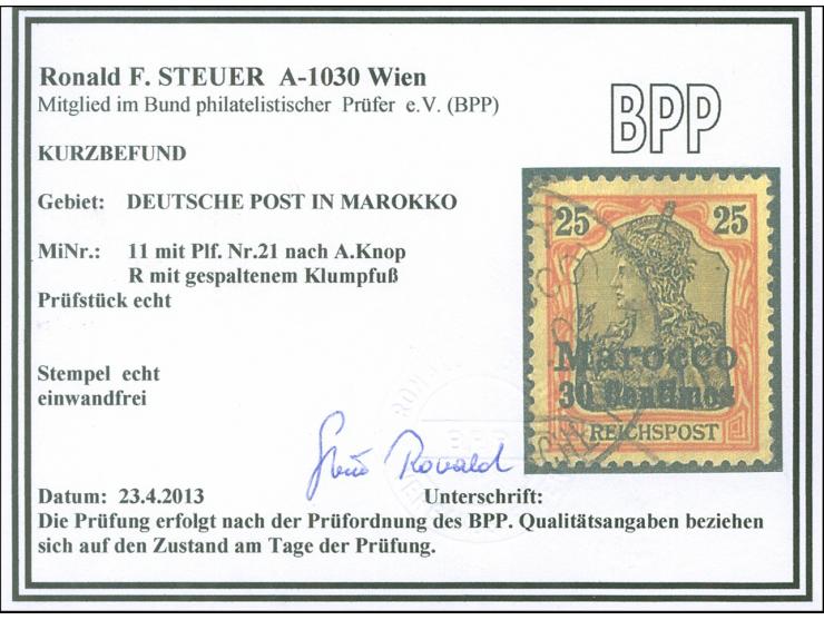 1900, Germania ohne Wz. 30 C. auf 25 Pfg. rötlichorange/gelbschwarz auf hellgelb, mit Plattenfehler VI “Anstrich des R von &n