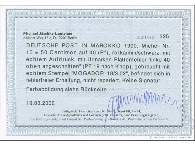 1900, Germania ohne Wz. 50 C. auf 40 Pfg. rotkarmin/schwarz, mit Plattenfehler “linke 40 oben angeschnitten” (PF 19 nach Knop