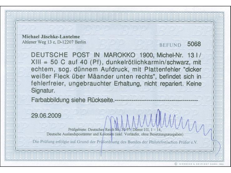 1900, Germania ohne Wz. 50 C. auf &nbsp;40 Pfg. dunkelrötlichkarmin/schwarz, mit Plattenfehler “dicker weißer Punkt über Mäan