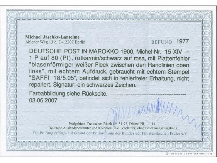 1900, Germania ohne Wz. 1 P. auf 80 Pfg. rotkarmin/schwarz auf rosa, mit Plattenfehler “blasenförmiger weißer Fleck ziwschen 