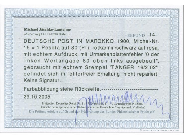 1900, Germania ohne Wz. 1 P. auf 80 Pfg. rotkarmin/schwarz auf rosa, mit Plattenfehler “0 der linken Wertangabe 80 oben links