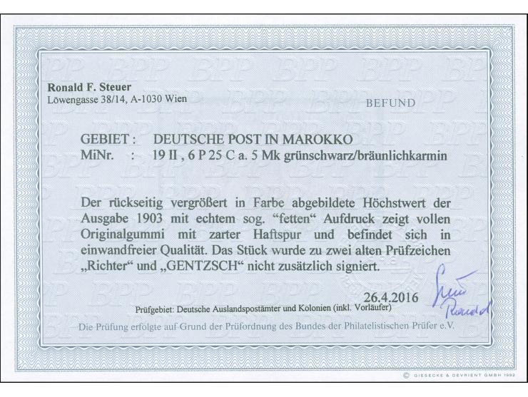 1903, Germania Reichspost 6 P. 25 C. auf 5 M. grünschwarz/bräunlichkarmin, fetter Aufdruck, Urmarken-Type II, sauber ungebrau