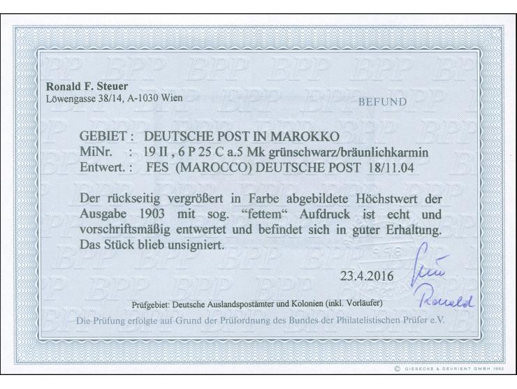 1903, Germania Reichspost 6 P. 25 C. auf 5 M. grünschwarz/bräunlichkarmin, fetter Aufdruck, Urmarken-Type II, sauber gestempe