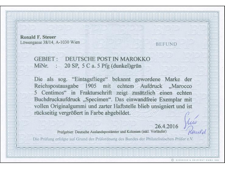 1905, Fraktur-Aufdruck 5 C. auf 5 Pfg. grün, mit Aufdruck “Specimen”, sauber ungebraucht, tadellos, Fotobefund Steuer BPP (20