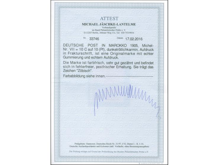 1905, Amtlich nicht ausgegebene: 10 C. auf 10 Pfg. dunkelrötlichkarmin, Aufdruck in Frakturschrift, farbfrisch und sehr gut g