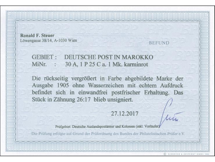 1905, Germania o.Wz. gez. 26:17 1 P. 25 C. auf 1 M. karminrot, postfrisch, tadellos, unsigniert, Fotobefund Steuer BPP (2017)