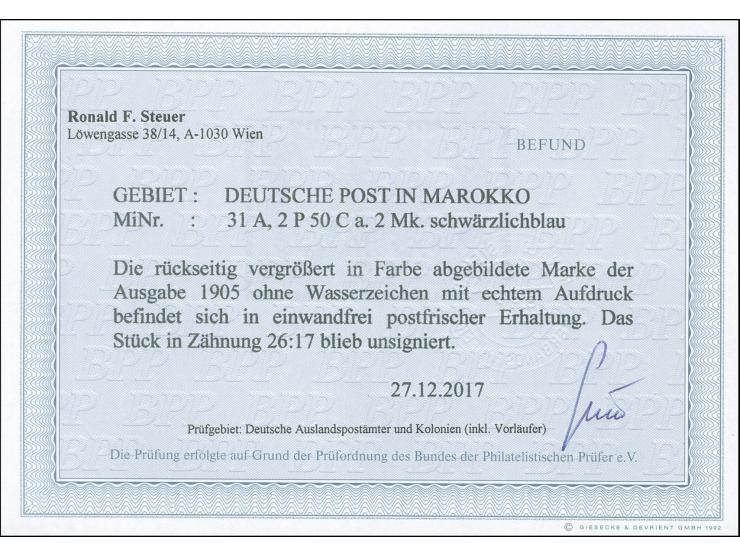 1905, Germania o.Wz. 2 P. 50 C. auf 2 M. schwärzlichblau, postfrisch, tadellos, unsigniert, Fotobefund Steuer BPP (2017)&nbsp