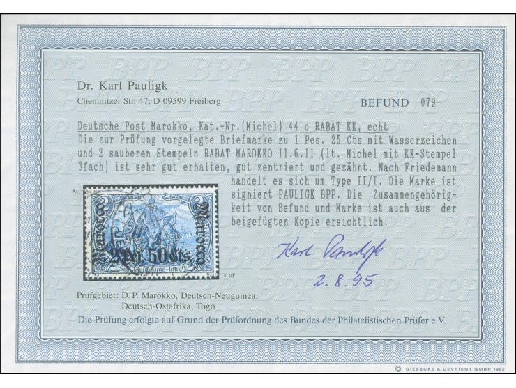 1906/11, Germania mit Wz. 2 P. 50 C. auf 2 M. schwärzlichblau, sauber gestempelt “RABAT MAROKKO 11.6.11”, tadellos, sign. Pau