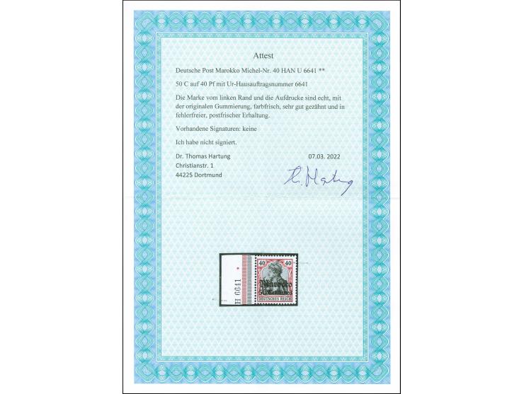 1906, Germania mit Wz. 50 C. auf 40 Pfg. dunkelrötlichkarmin/braunschwarz, linkes Seitenrandstück mit Ur-Han “H 6641”, postfr