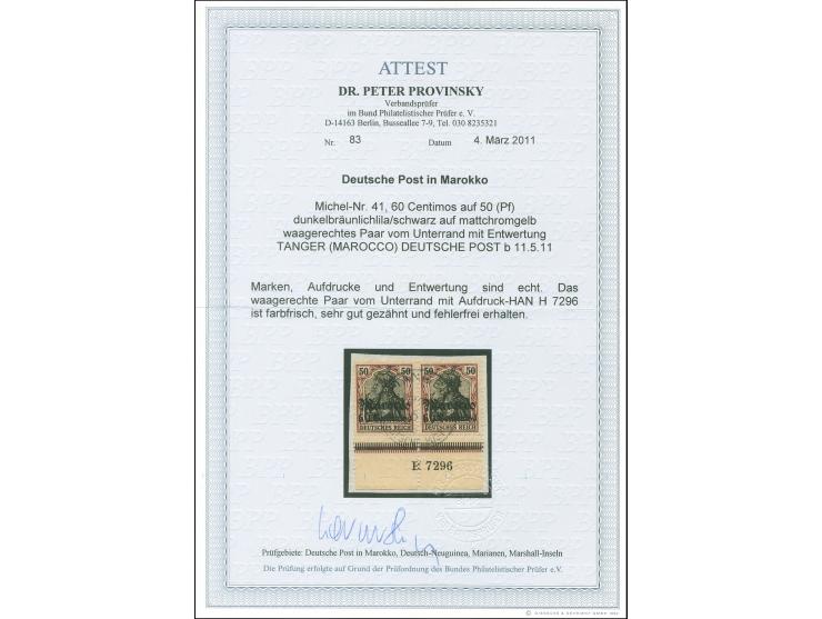 1906, Germania mit Wz. 60 C. auf 50 Pfg. dunkelbräunlichlila/schwarz auf mattchromgelb, waagerechtes Unterrandpaar mit Aufdru