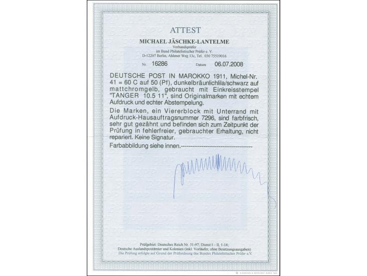 1906, Germania mit Wz. 60 C. auf 50 Pfg. dunkelbräunlichlila/schwarz auf mattchromgelb, Unterrandviererblock mit Aufdruck-Han