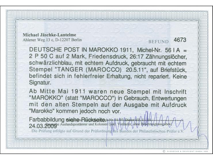 1911, Germania mit Wz. 2 Pes. 50 Cts. auf 2 Mark schwärzlichblau, Kriegsdruck 26:17 Zähnungslöcher, sauber gestempelt “TANGER
