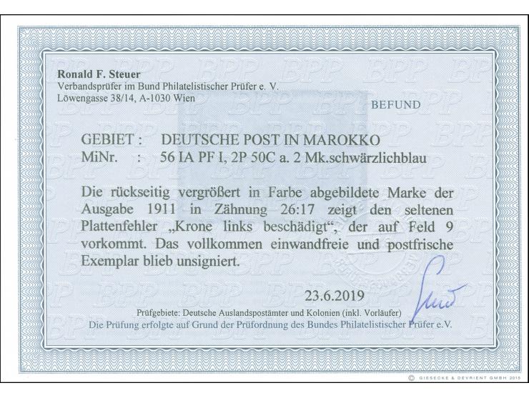 1911, Germania mit Wz. 2 Pes 50 Cts. schwärzlichblau, Friedensdruck 26:17 Zähnungslöcher, mit Plattenfehler “kleiner waagerec